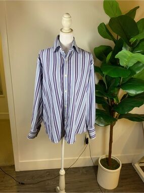 Faconnable Men's Blue and White Striped Button-Down Shirt